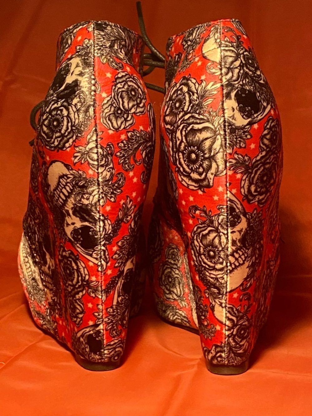 IRON FIST super high platform ankle booties,hot pink satin,skull print,lace up 7 - Picture 4 of 14